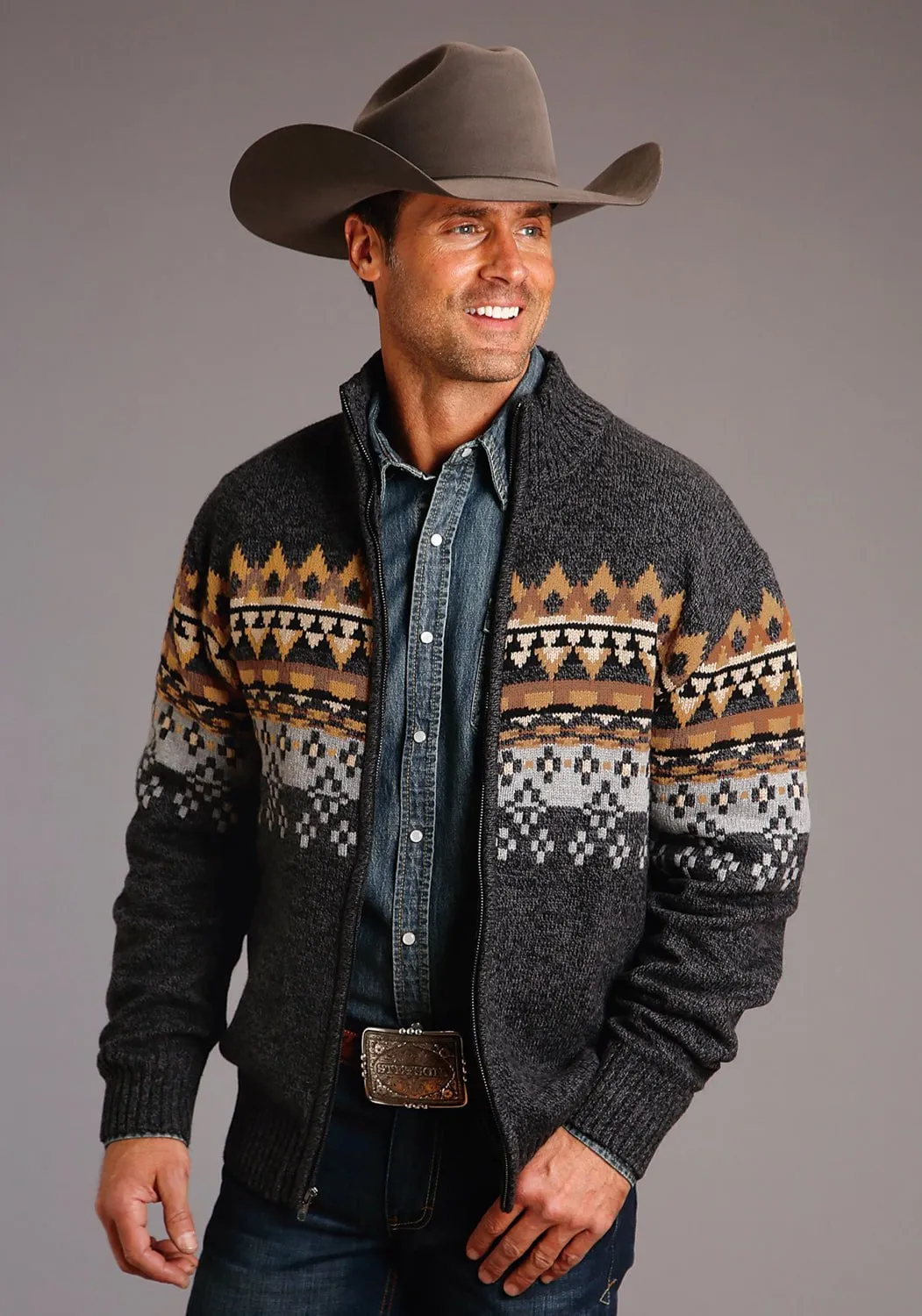 Stetson Mens Grey Multi Cotton/Wool Aztec Pattern Cardigan