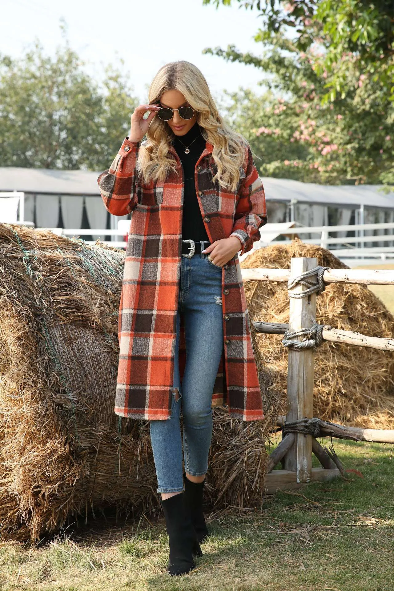 Temperament Commuter Windbreaker Side Slit Lapel Loose Women's Wool Plaid Shirt Jacket