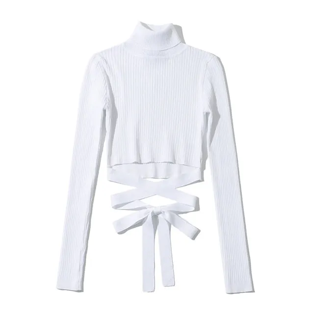 Trendy Turtleneck Bandage Long Sleeve Shirt