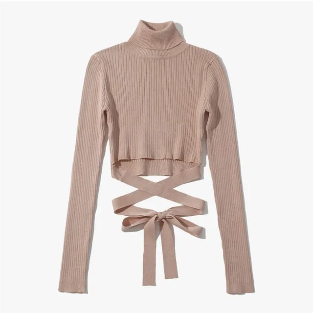 Trendy Turtleneck Bandage Long Sleeve Shirt