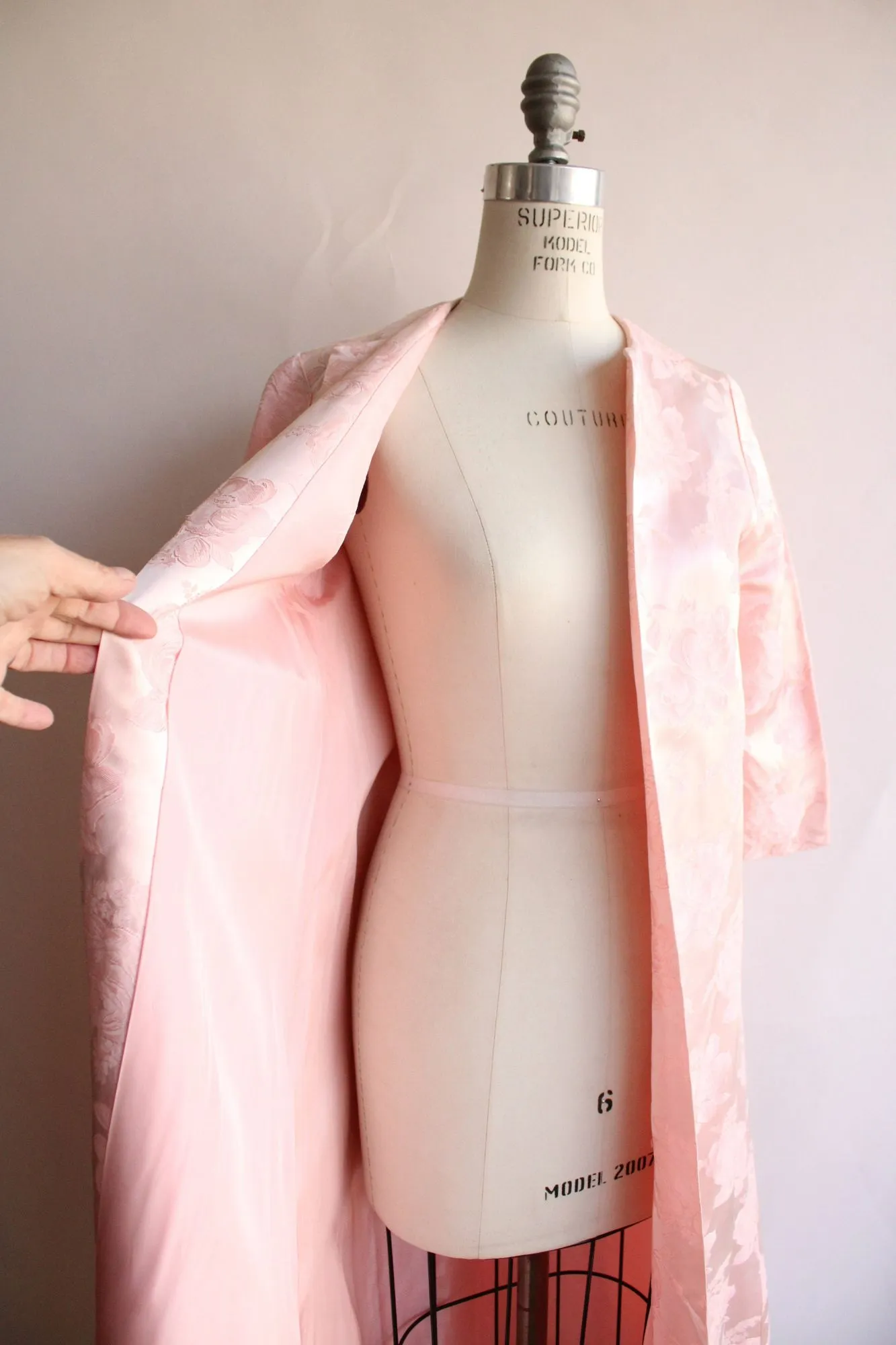 Vintage 1960s Pink Satin Floral Damask Full Length Coat