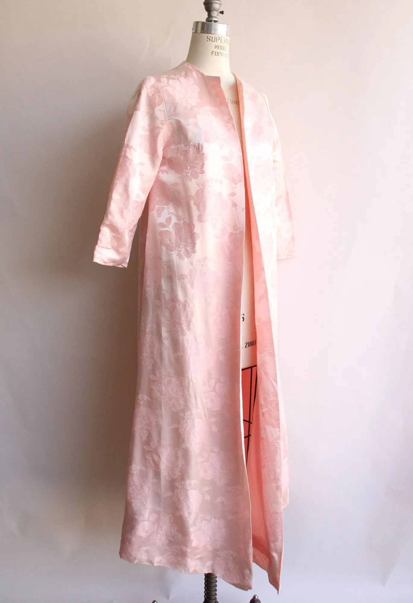 Vintage 1960s Pink Satin Floral Damask Full Length Coat