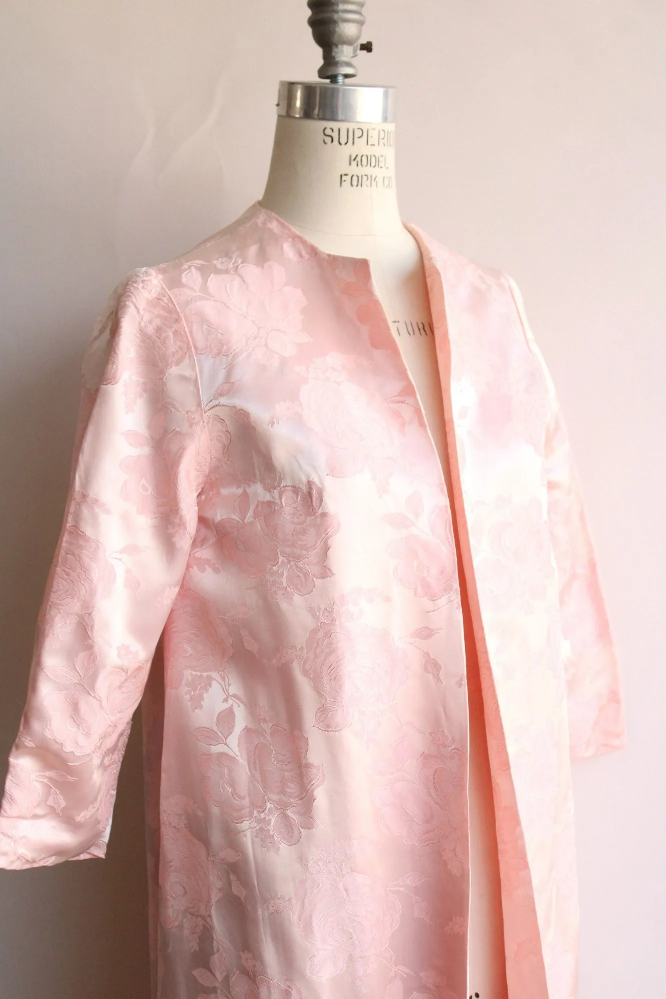 Vintage 1960s Pink Satin Floral Damask Full Length Coat