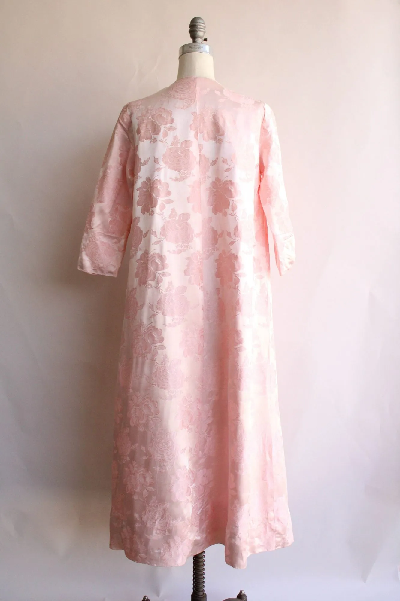 Vintage 1960s Pink Satin Floral Damask Full Length Coat