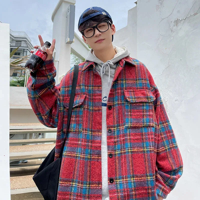 Wiaofellas  -  Thick Plaid Woolen Coat Men Warm Oversized Retro Thickened Woolen Jacket Mens Streetwear Korean Loose Short Woolen Coat Men