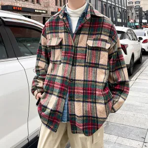 Wiaofellas  -  Thick Plaid Woolen Coat Men Warm Oversized Retro Thickened Woolen Jacket Mens Streetwear Korean Loose Short Woolen Coat Men