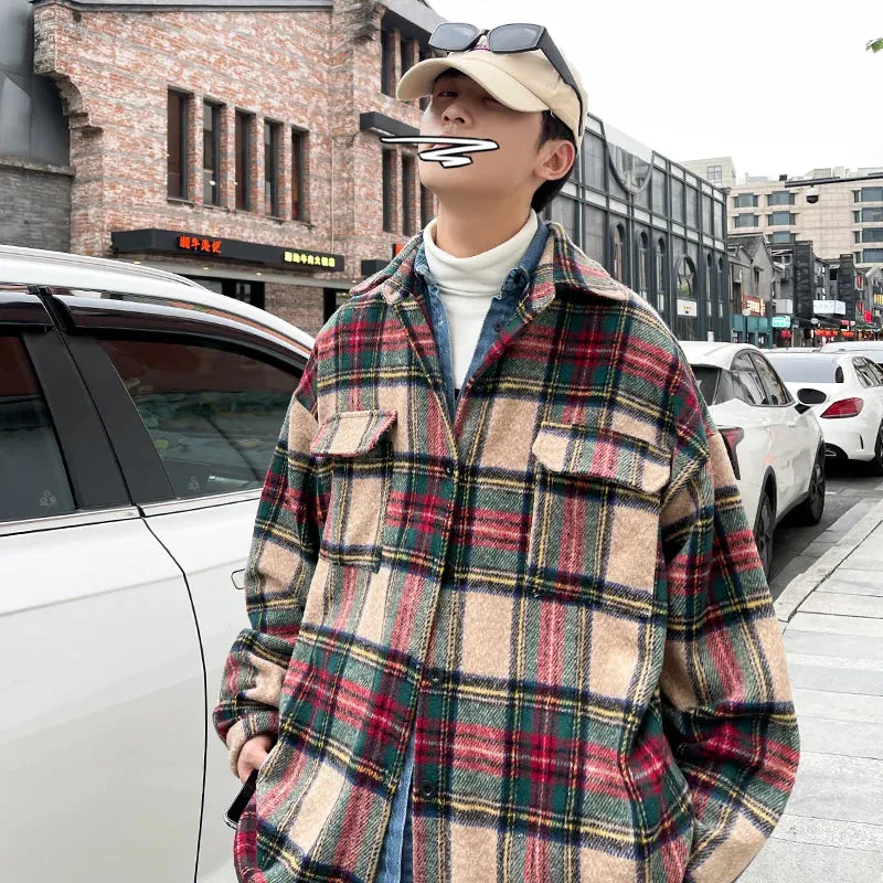 Wiaofellas  -  Thick Plaid Woolen Coat Men Warm Oversized Retro Thickened Woolen Jacket Mens Streetwear Korean Loose Short Woolen Coat Men