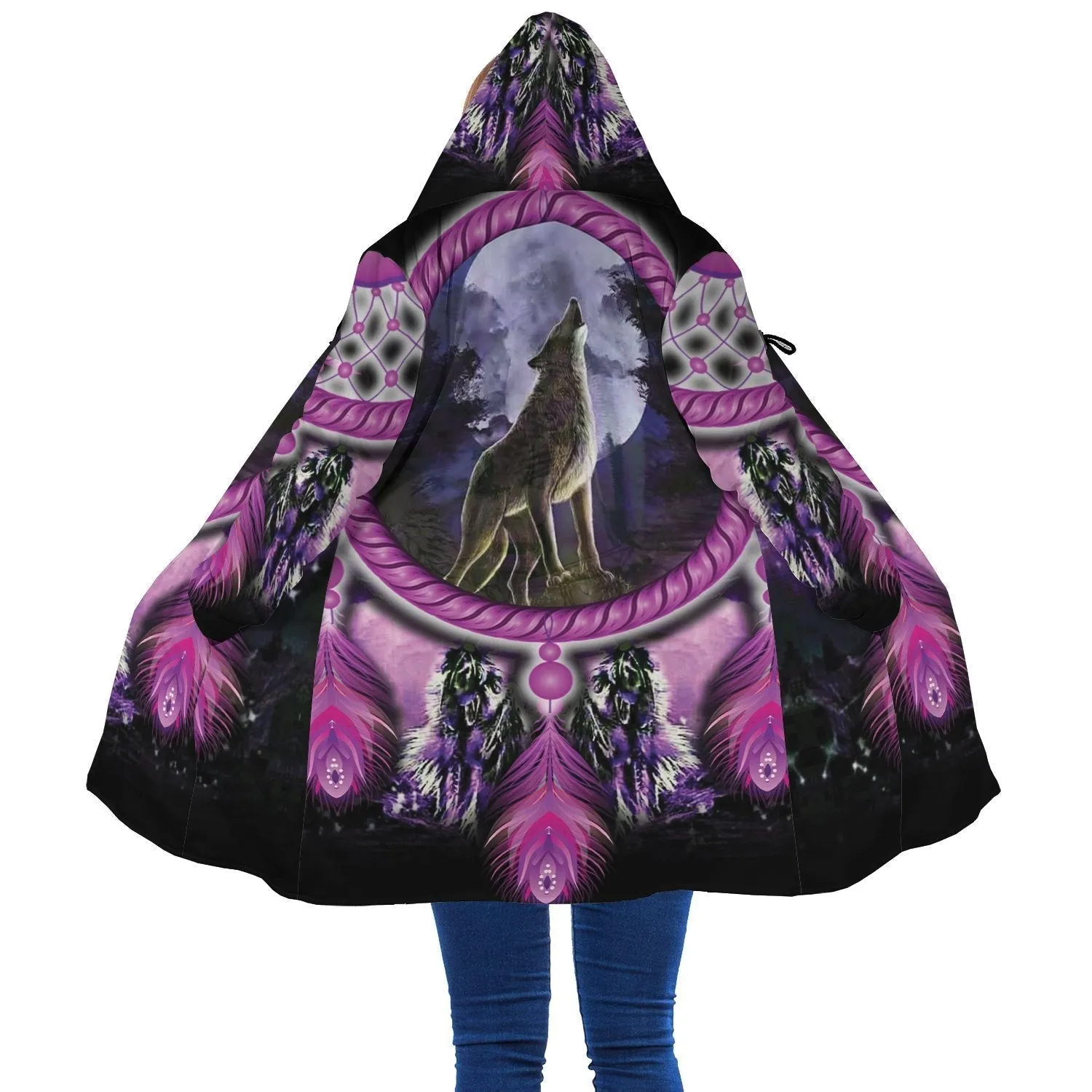 Wolf Dreamcatcher Violet Horn Button Long Fleece Windbreaker WCS