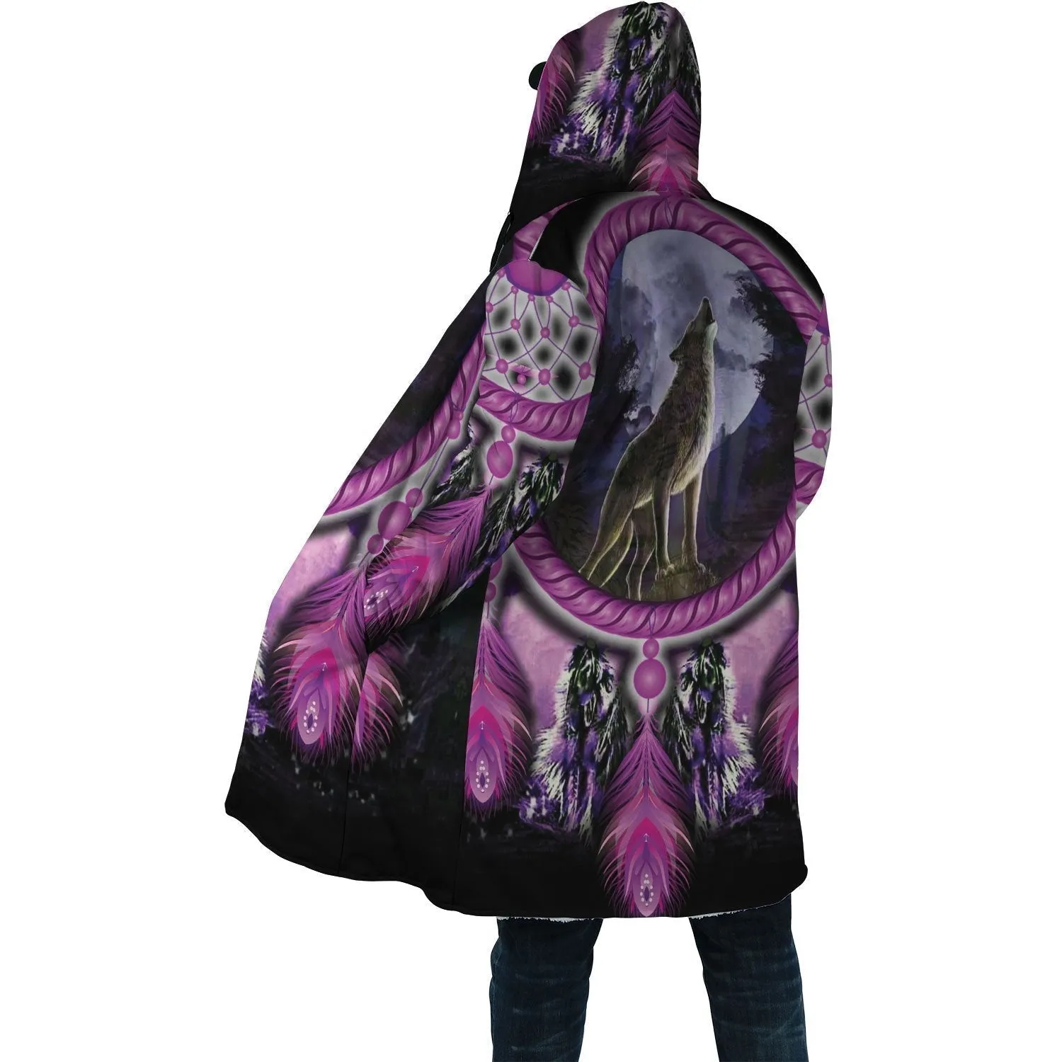 Wolf Dreamcatcher Violet Horn Button Long Fleece Windbreaker WCS