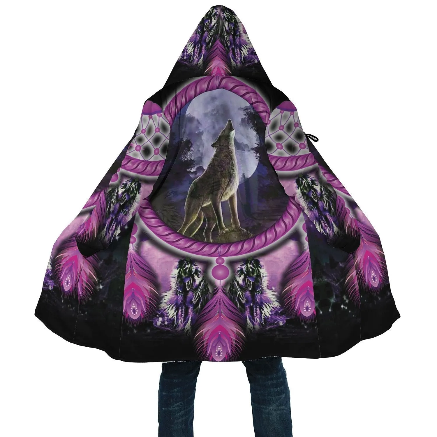 Wolf Dreamcatcher Violet Horn Button Long Fleece Windbreaker WCS