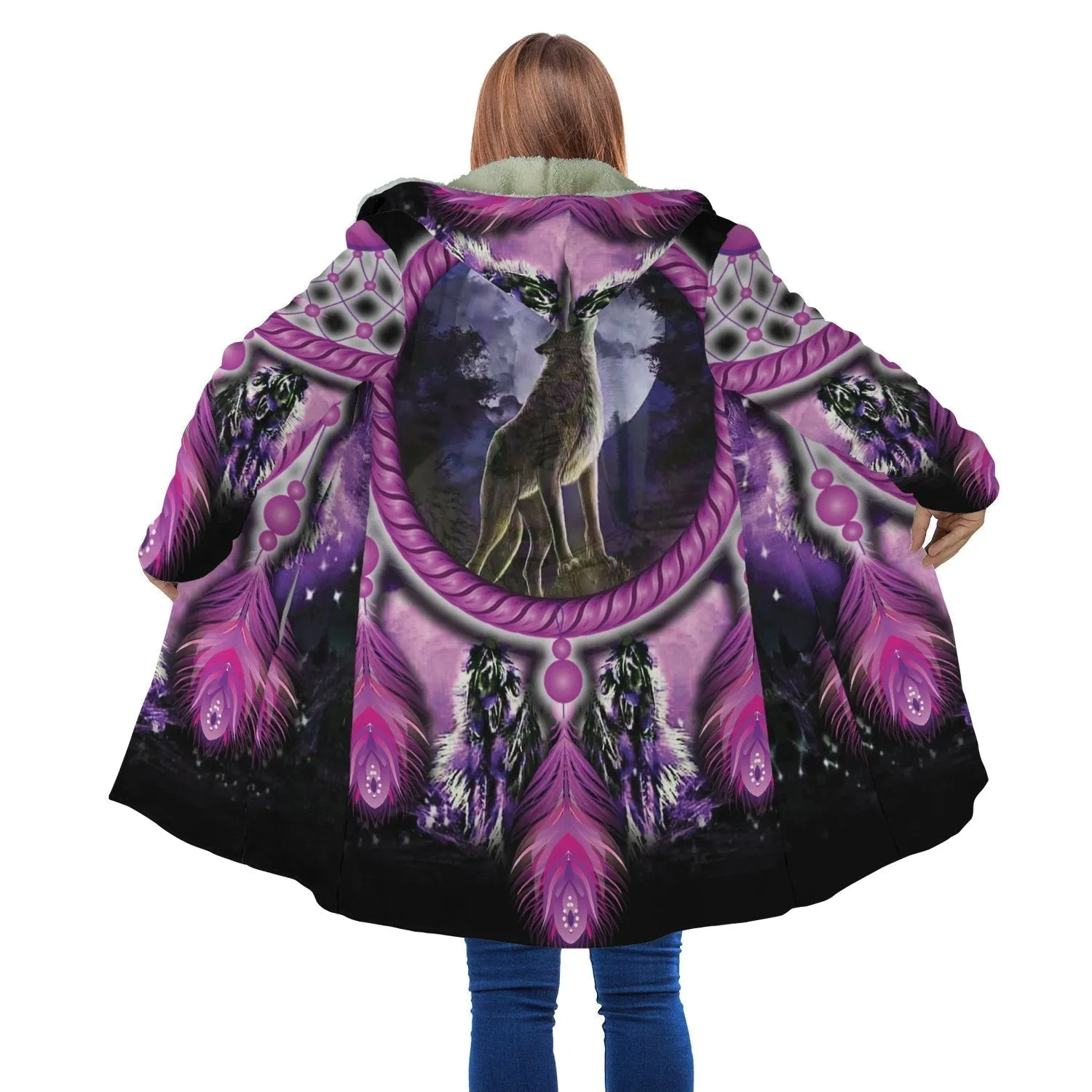 Wolf Dreamcatcher Violet Horn Button Long Fleece Windbreaker WCS