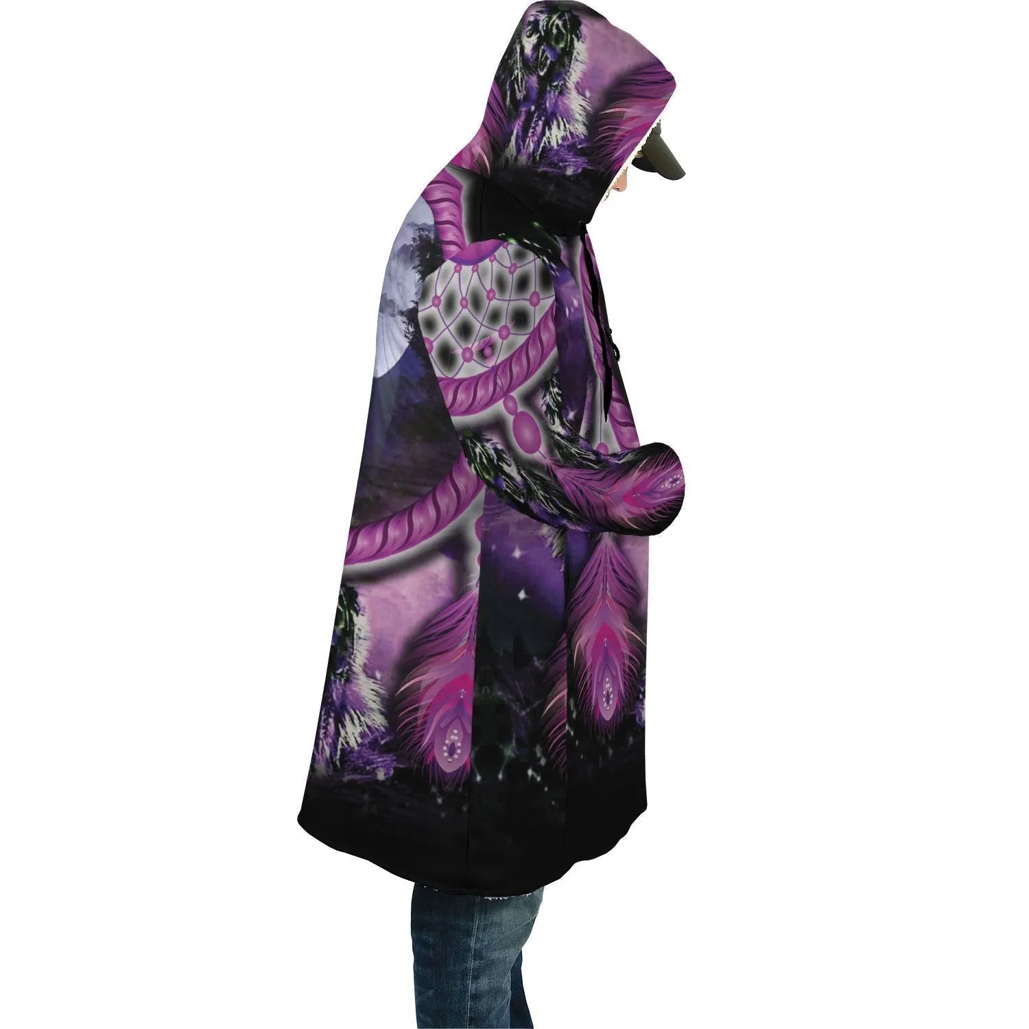 Wolf Dreamcatcher Violet Horn Button Long Fleece Windbreaker WCS