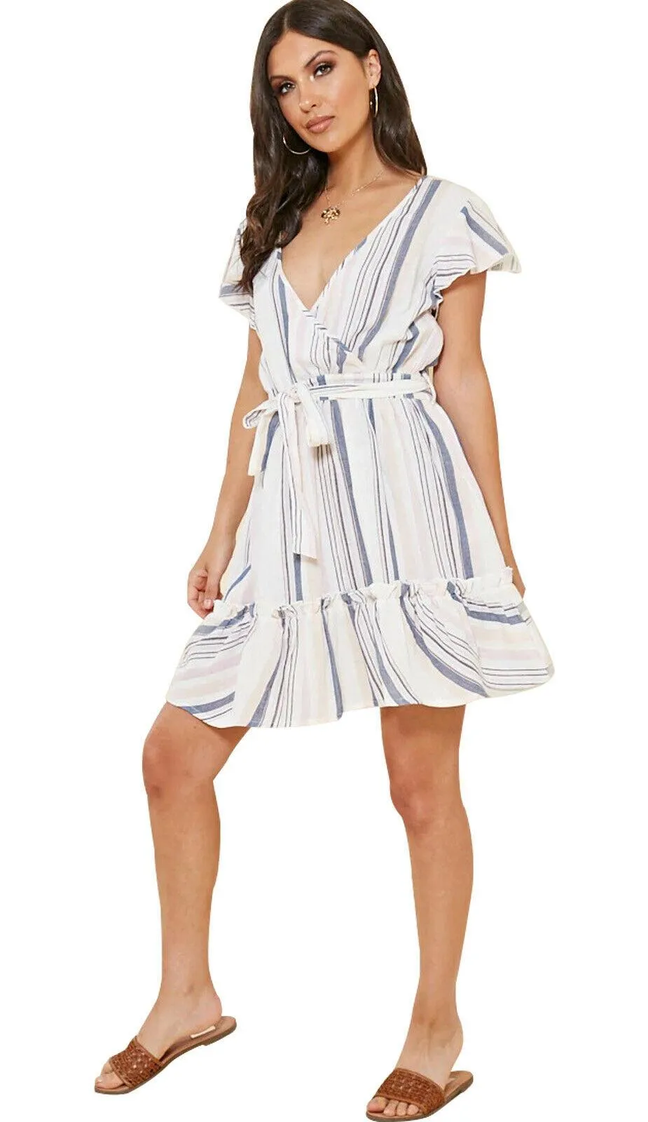 Women Shirred Striped Bardot Mini Dress - UK 6