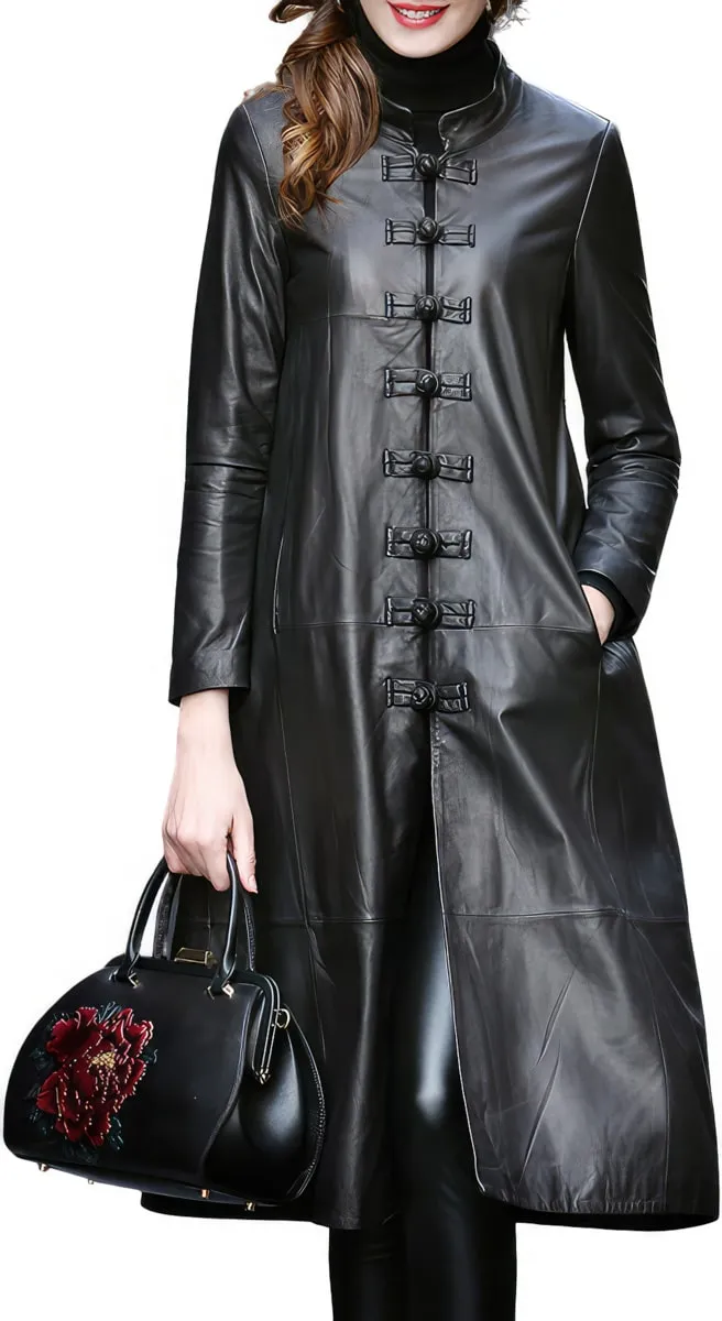 Women’s Black Genuine Sheepskin Mandarin Collar Luxury Casual Classic Long Loose Chinese Style Elegant Leather Coat