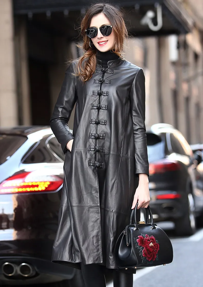 Women’s Black Genuine Sheepskin Mandarin Collar Luxury Casual Classic Long Loose Chinese Style Elegant Leather Coat