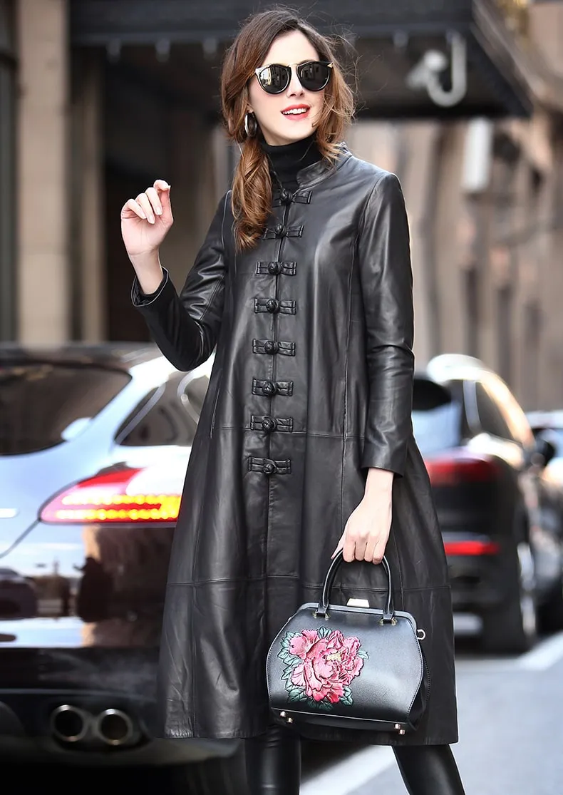 Women’s Black Genuine Sheepskin Mandarin Collar Luxury Casual Classic Long Loose Chinese Style Elegant Leather Coat