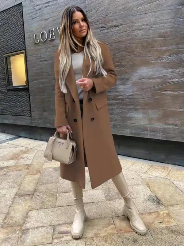 women's long sleeve suit collar double breasted woolen coat coat