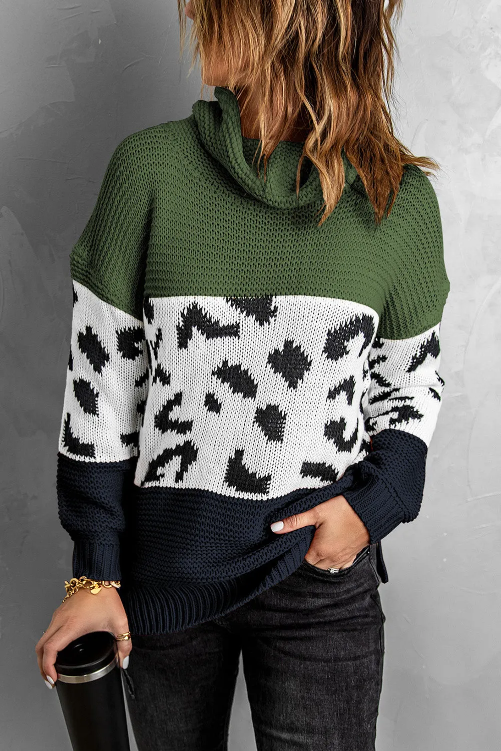 Women's Long Sleeve Turtleneck Chunky Jumper Tops Leopard Knit Pullover Sweater