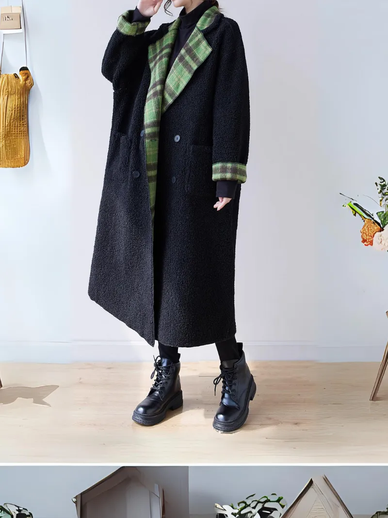 Women's Velvet Loose Lambswool Plaid Side Pockets Coat