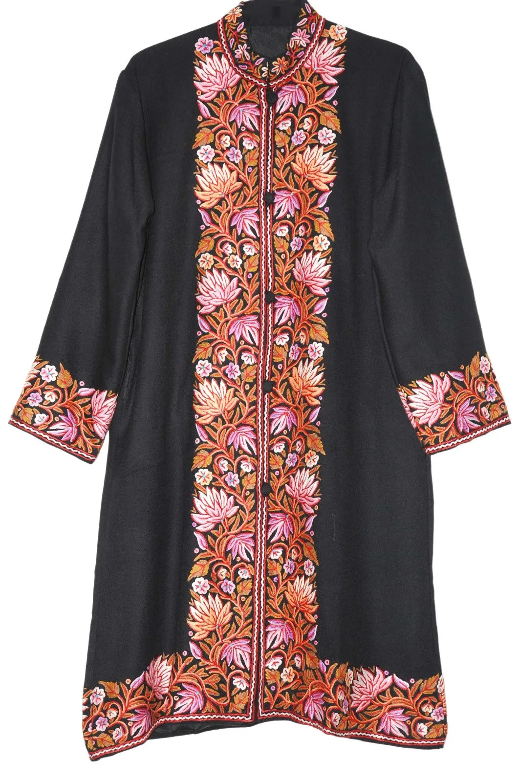 Woolen Coat Long Jacket Black, Multicolor Embroidery #BD-105