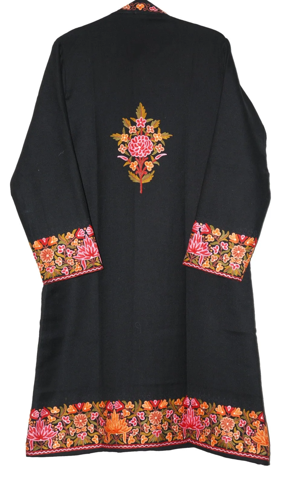 Woolen Coat Long Jacket Black, Multicolor Embroidery #BD-116